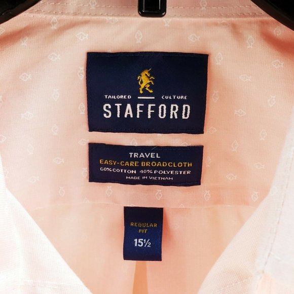 Stafford Pink Button Top Shirt with Small White Fish Long Sleeve Men's 15.5 S - Picture 4 of 4